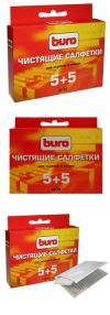 Чистящие салфетки BURO, 5+5 шт, для очистки экранов любого типа и оптики в индивидуальной упаковке, 5 влажных и 5 сухих